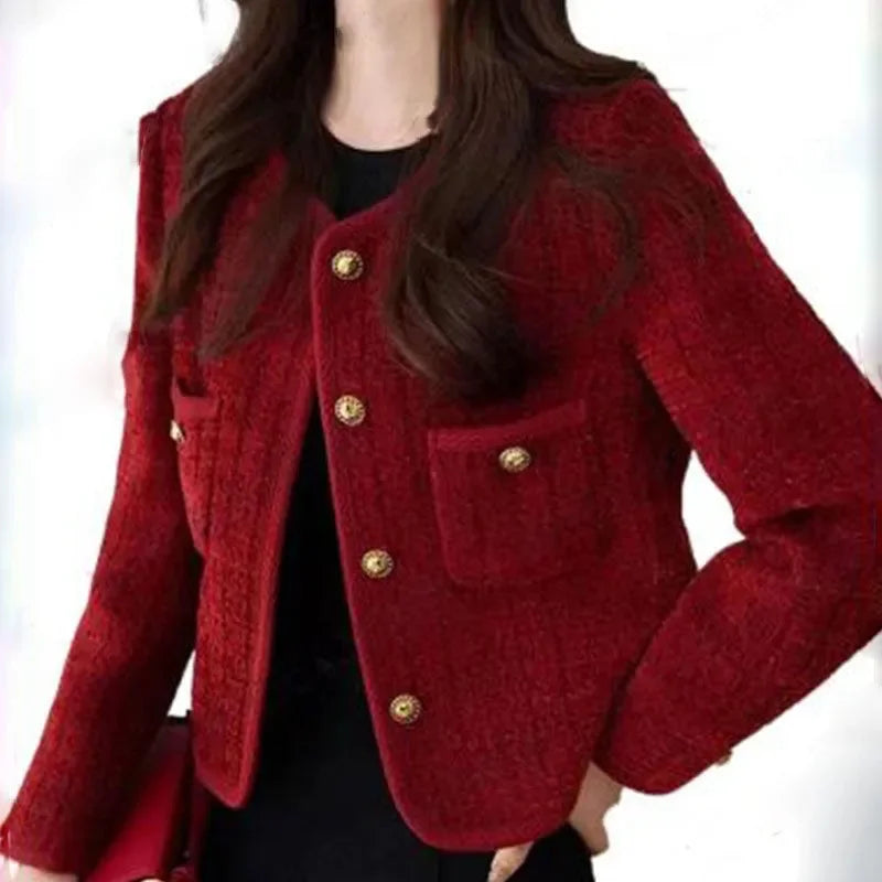 Women's Jacket 2026 Spring Autumn Red Tweed Small Fragrance