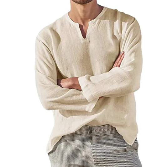 Men's Cotton Linen V-Neck Hawaiian T-Shirt