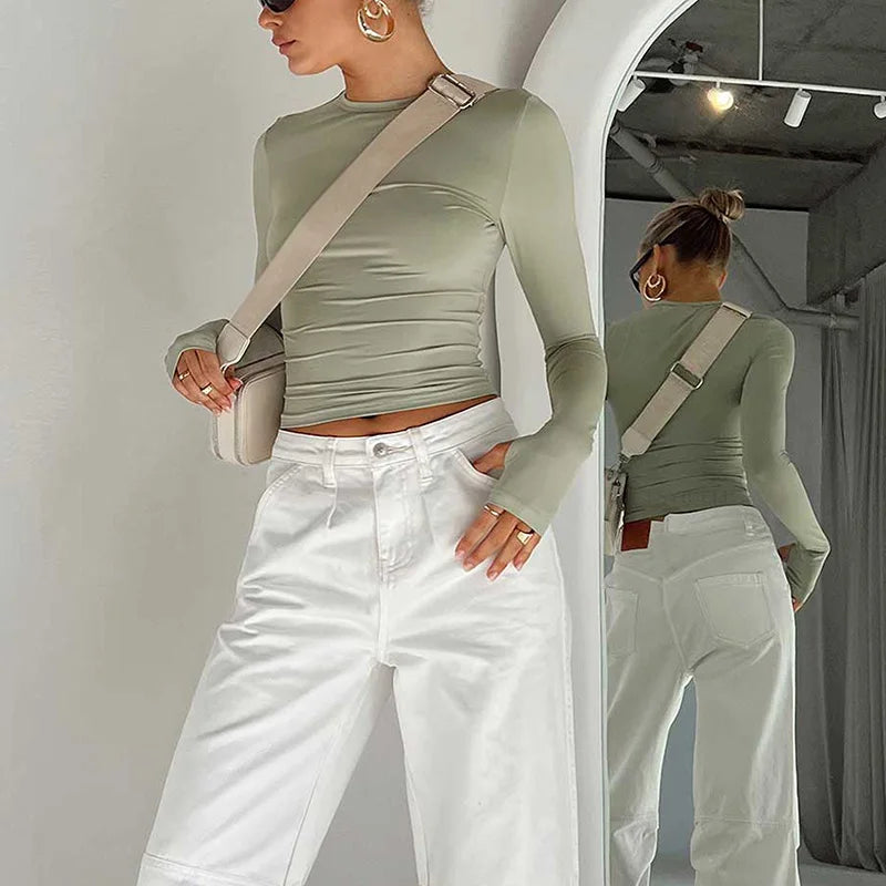 Moda Qadın T-shirt Uzunqol Dəyirmi Yaxa Bütün Rəngli Dar Kəsim Qadın Krop Top Baş Barmaq Deşikli Gündəlik Küçə Geyimi Yay Kamisolu Üçün