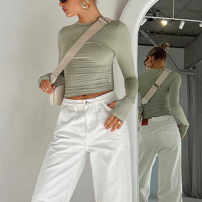 Moda Qadın T-shirt Uzunqol Dəyirmi Yaxa Bütün Rəngli Dar Kəsim Qadın Krop Top Baş Barmaq Deşikli Gündəlik Küçə Geyimi Yay Kamisolu Üçün