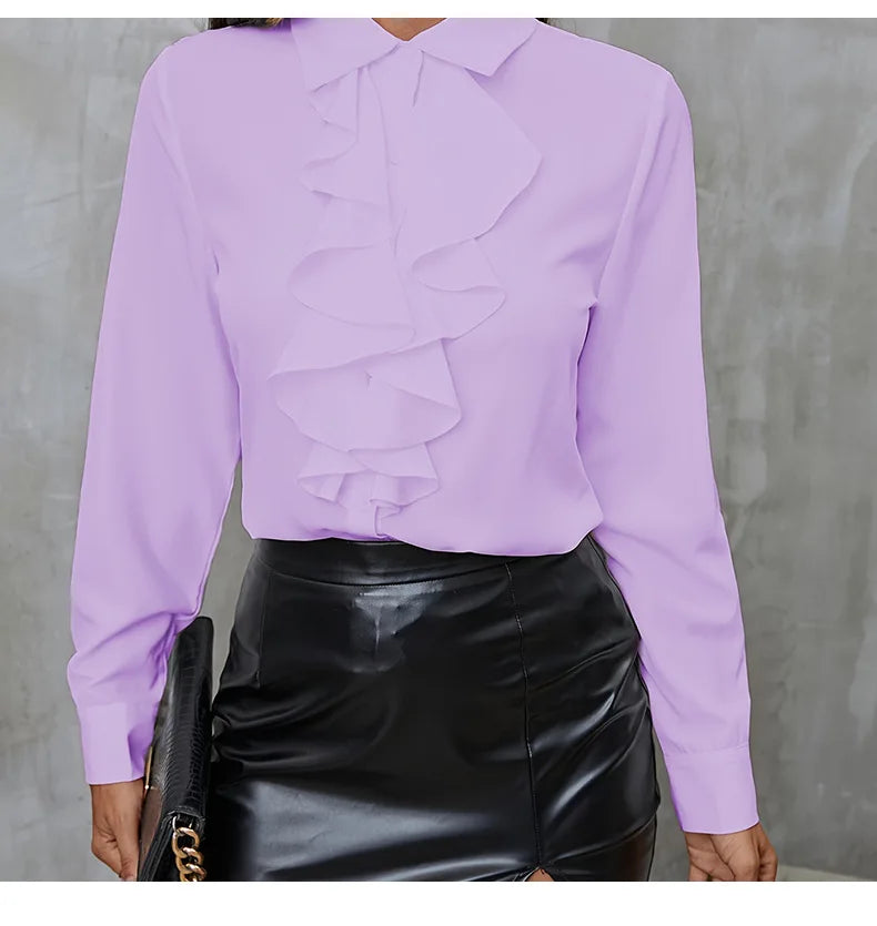Elegant Women Blouse Ruffled Long Sleeve Office Shirt