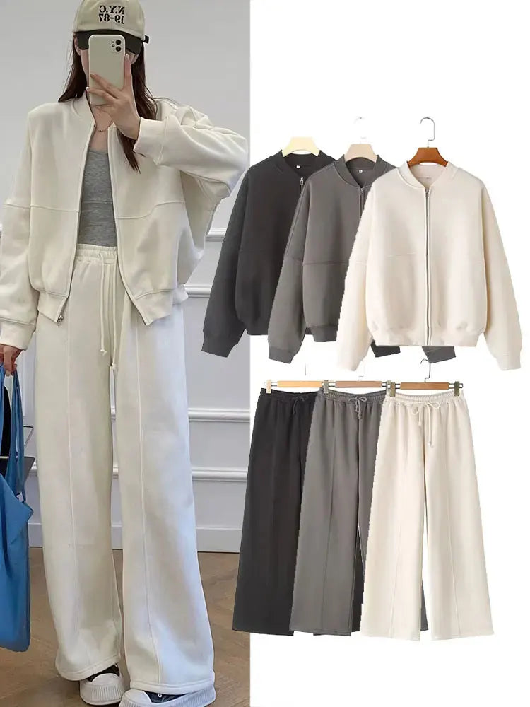 HH Women's Fall 2-Piece Retro Bomber Jacket + Wide Leg Pants Streetwear