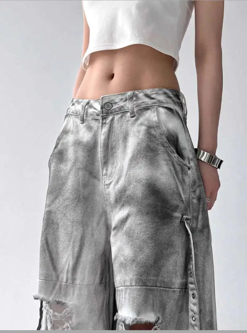 Women Jeans American High Street Ripped Straight Wide-Leg
