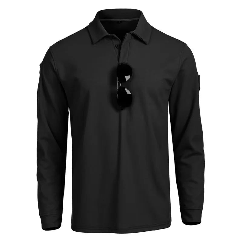 Men's Tactical Military Sport Long Sleeve Shirt Lapel Breathabl Quick Dry Tops Hiking Camping Climbing Tees Sweatershirt Elastic