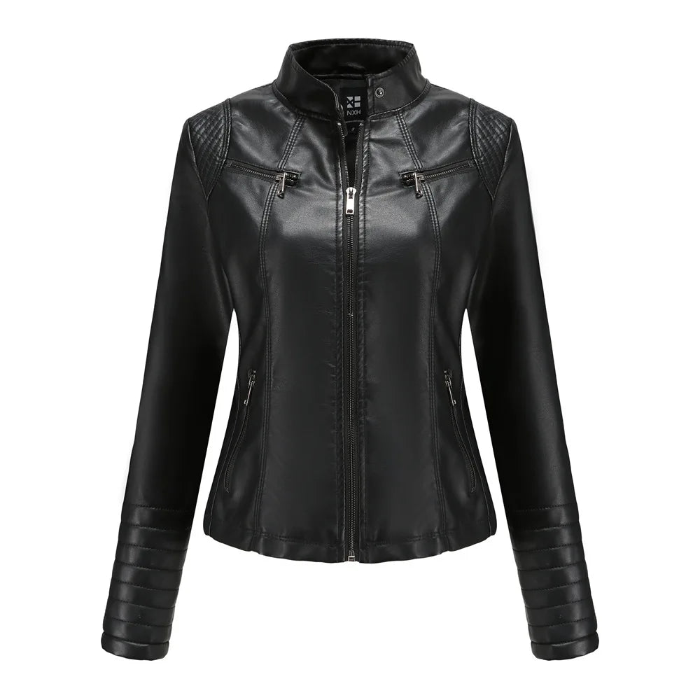 Women's Faux Leather Motorcycle Jacket - Purple & Black Moto Biker Coat