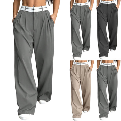 Women's Blazer Pants Pleated Wide-Leg Casual Trousers Contrast Waistband Daily Wear Stylish Versatile Loose Fit  Long Pants