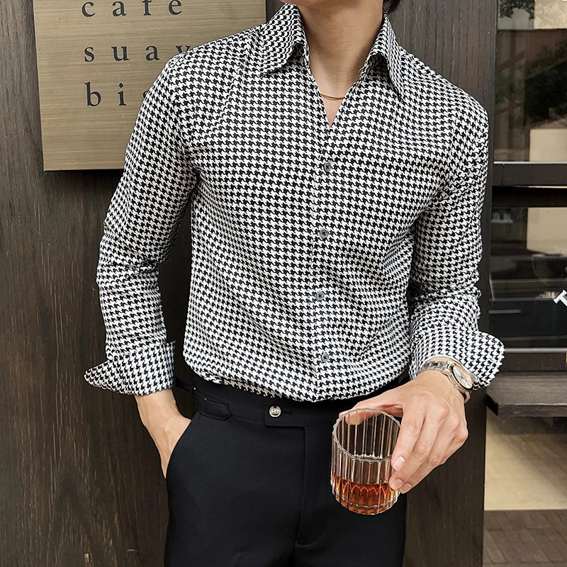 Men's Korean Houndstooth Slim Fit Dress Shirt