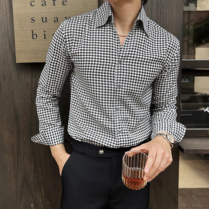 Men's Korean Houndstooth Slim Fit Dress Shirt