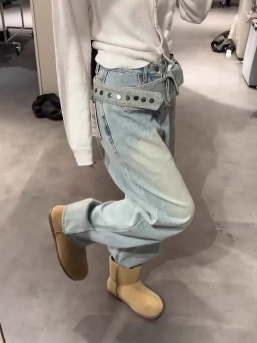 Women's Washed Jeans - Fashionable Wide-Leg Harajuku Y2K 2026