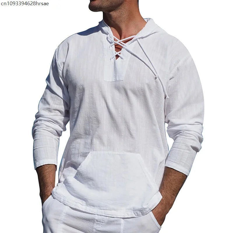 Men's Cotton Linen Hooded Sports Shirt