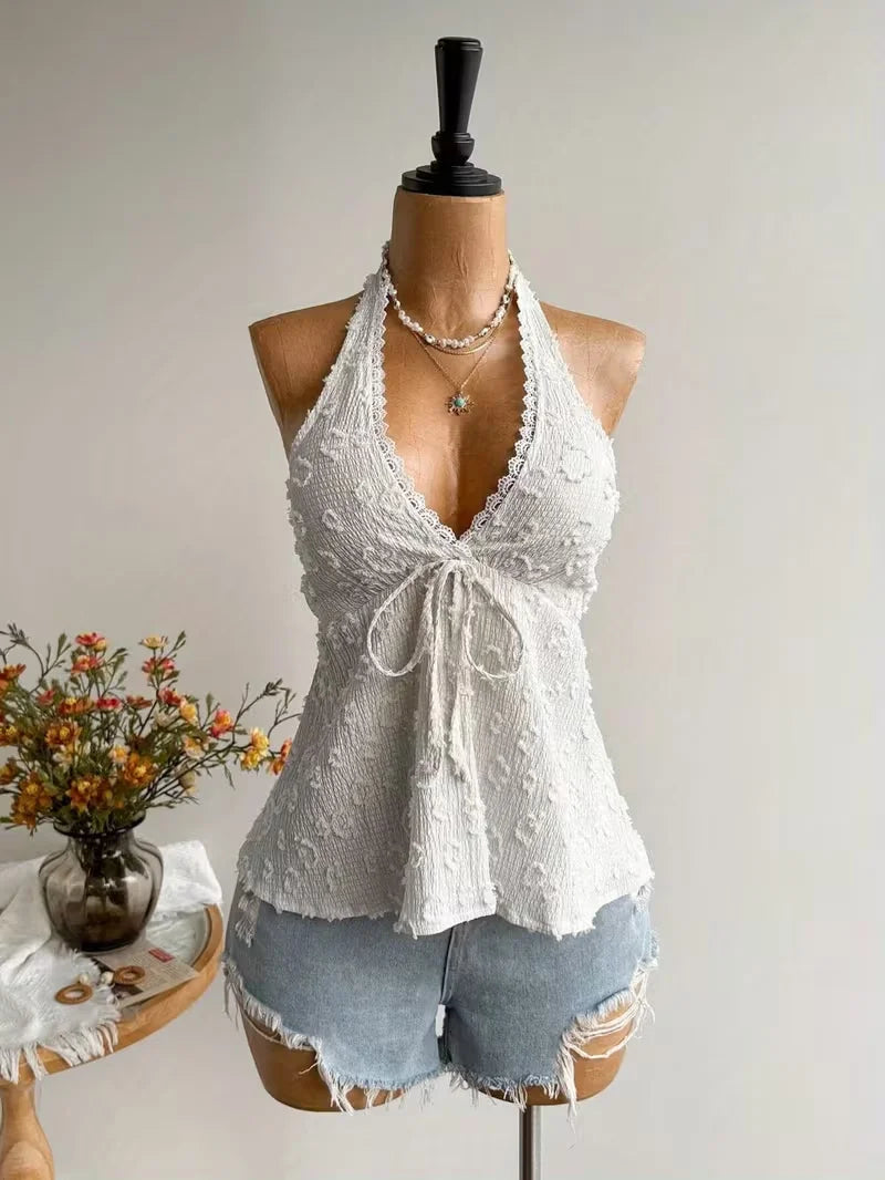 Women's V-Neck Lace Top - Summer Beach Vacation Top