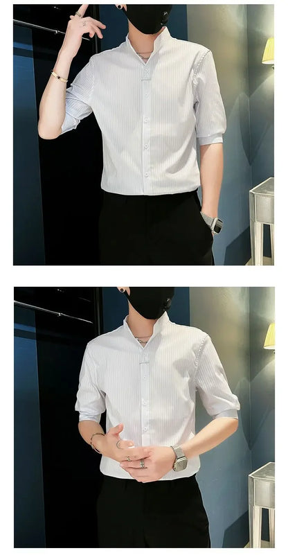 Men's Striped Stand Collar Cardigan Shirt 2025