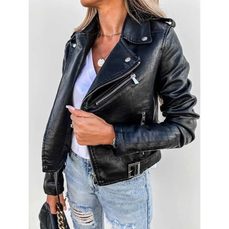 Women's PU Leather Motorcycle Jacket - British Style