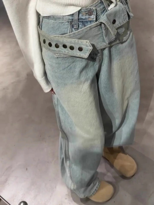 Women's Washed Jeans - Fashionable Wide-Leg Harajuku Y2K 2026