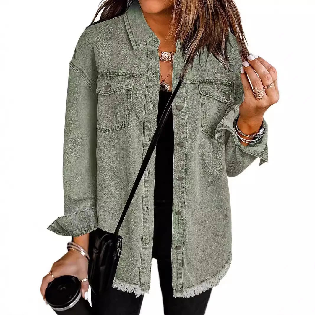 New washed denim shirt jacket for women autumn and winter personality street style edged hem jacket for women
