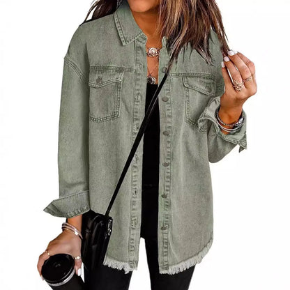 New washed denim shirt jacket for women autumn and winter personality street style edged hem jacket for women