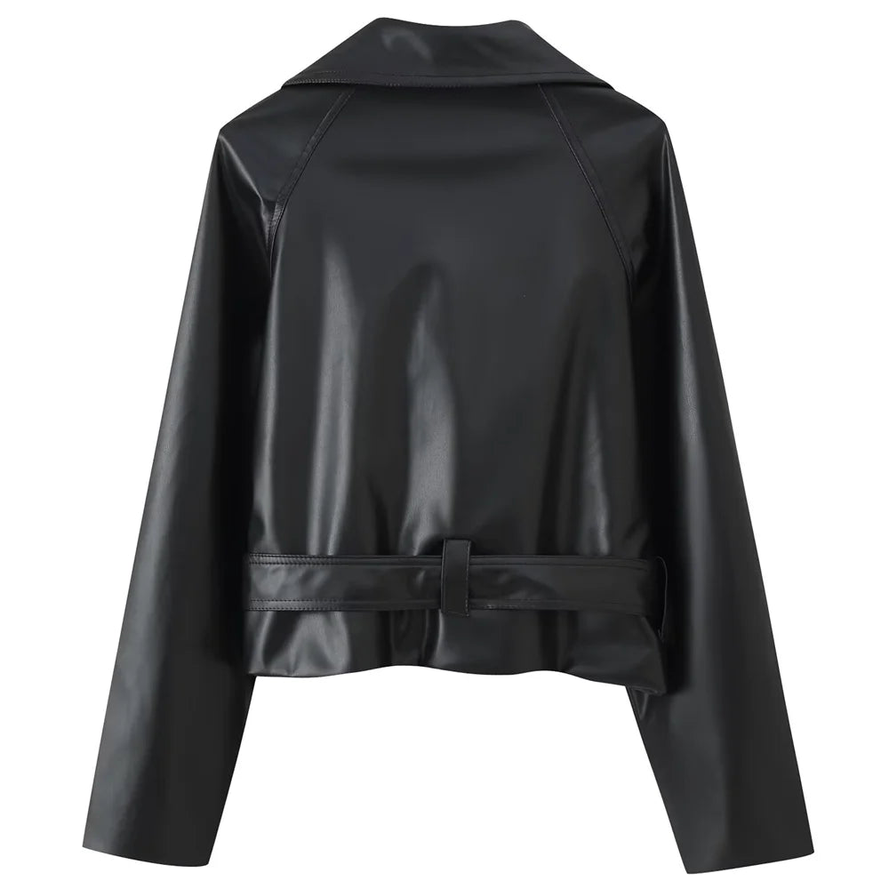 Women's Cropped Leather Jacket - Belt Lapel Double-Breasted Coat