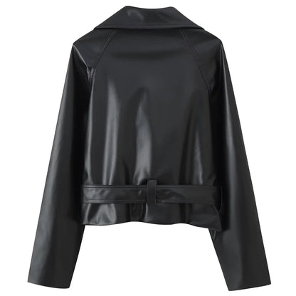 Women's Cropped Leather Jacket - Belt Lapel Double-Breasted Coat
