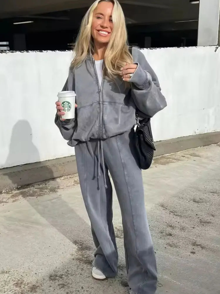 HH Women's Fall 2-Piece Retro Bomber Jacket + Wide Leg Pants Streetwear