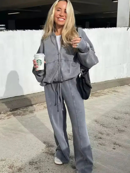 HH Women's Fall 2-Piece Retro Bomber Jacket + Wide Leg Pants Streetwear