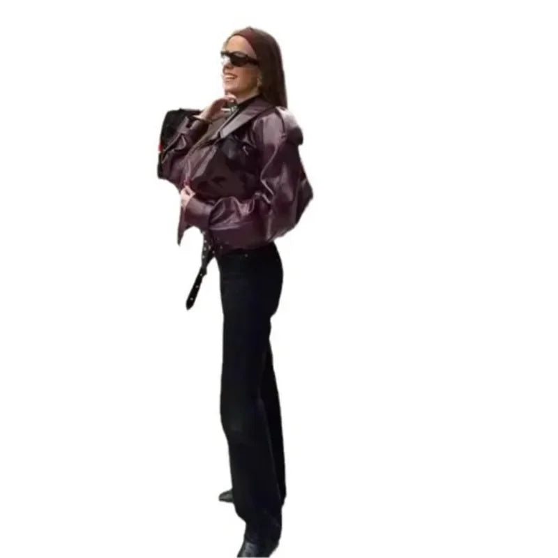 Casual Street Leather Jacket Women Solid Lapel Long Sleeved Belt Crop Female Coats 2025 Autumn Y2k Fashion Loose Pu Outwear Lady