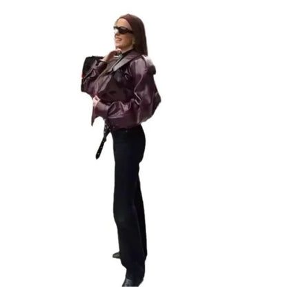 Casual Street Leather Jacket Women Solid Lapel Long Sleeved Belt Crop Female Coats 2025 Autumn Y2k Fashion Loose Pu Outwear Lady