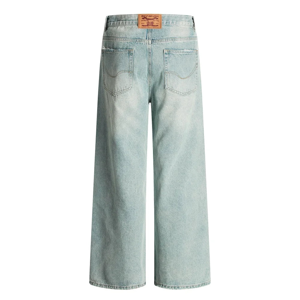 Men's Ripped Straight Jeans - Pocket Retro Casual Distressed