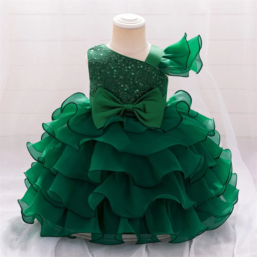 Flower Girls Wedding Bridesmaid Party Dress Kids Sequin Princess Gown For Baby Toddler 1st Birthday Bow Clothes Evening Costumes