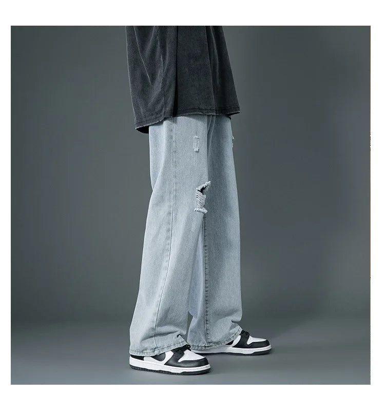 Ripped Jeans Men Ins Trendy - Straight Leg Loose Wide Leg