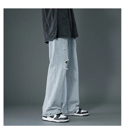 Ripped Jeans Men Ins Trendy - Straight Leg Loose Wide Leg