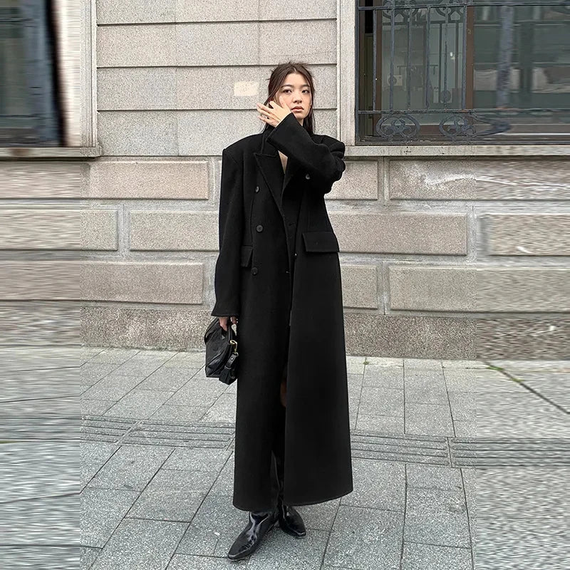 Women's Y2K Faux Wool Coat - Double Breasted Winter Jacket