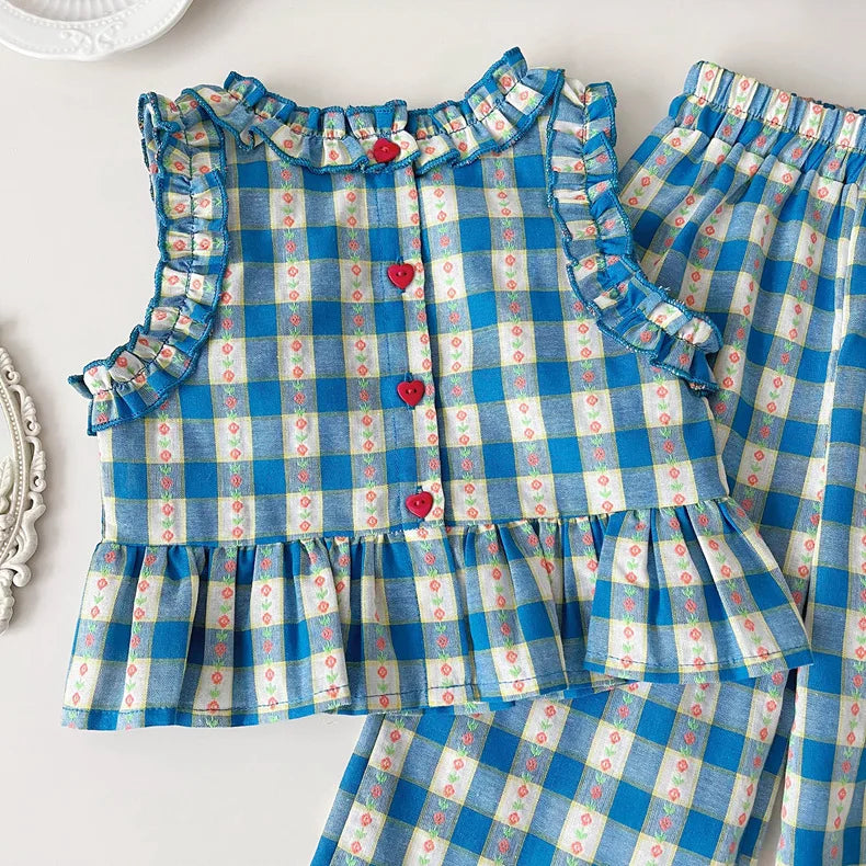 Girls 3-Piece Summer Set - Plaid Sleeveless Top, Wide Leg Pants & Shorts (2T-7T)
