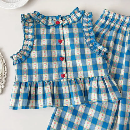 Girls 3-Piece Summer Set - Plaid Sleeveless Top, Wide Leg Pants & Shorts (2T-7T)