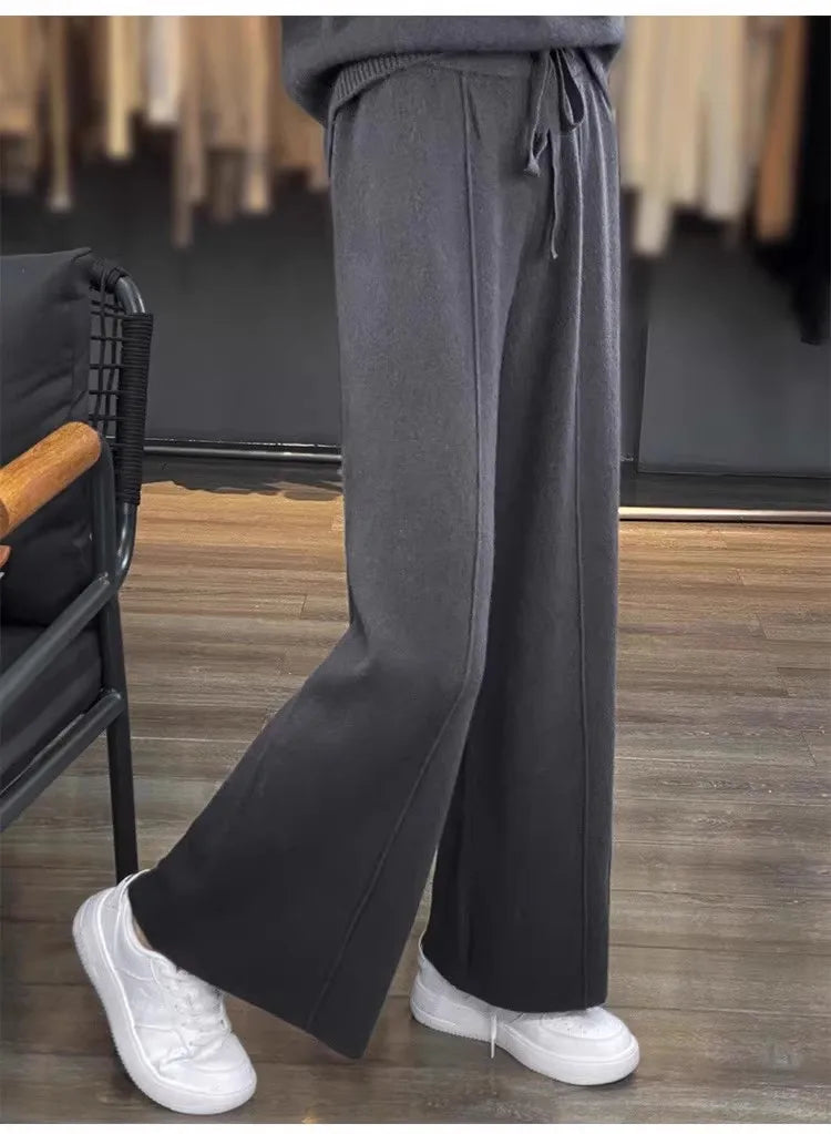 Women Pants Full Length Elastic Waist Knitted Wide Leg