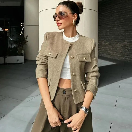 2025 New Woman Jackets Outerwears Long Sleeve Cropped Fashion Button