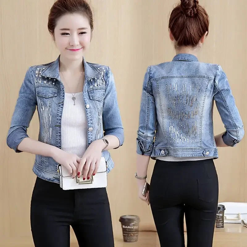 Spring Autumn Denim Jacket for Women Crop Plain Small Short Y2k Clothes Chic and Elegant Cowboy Coat Woman in Promotion New