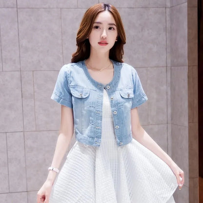 Denim Gödəkçə Qadın 2023 Yarımqol Cins Gödəkçə Qadın Elastik Rahat Denim Palto Qısa Denim Gödəkçə Qadın