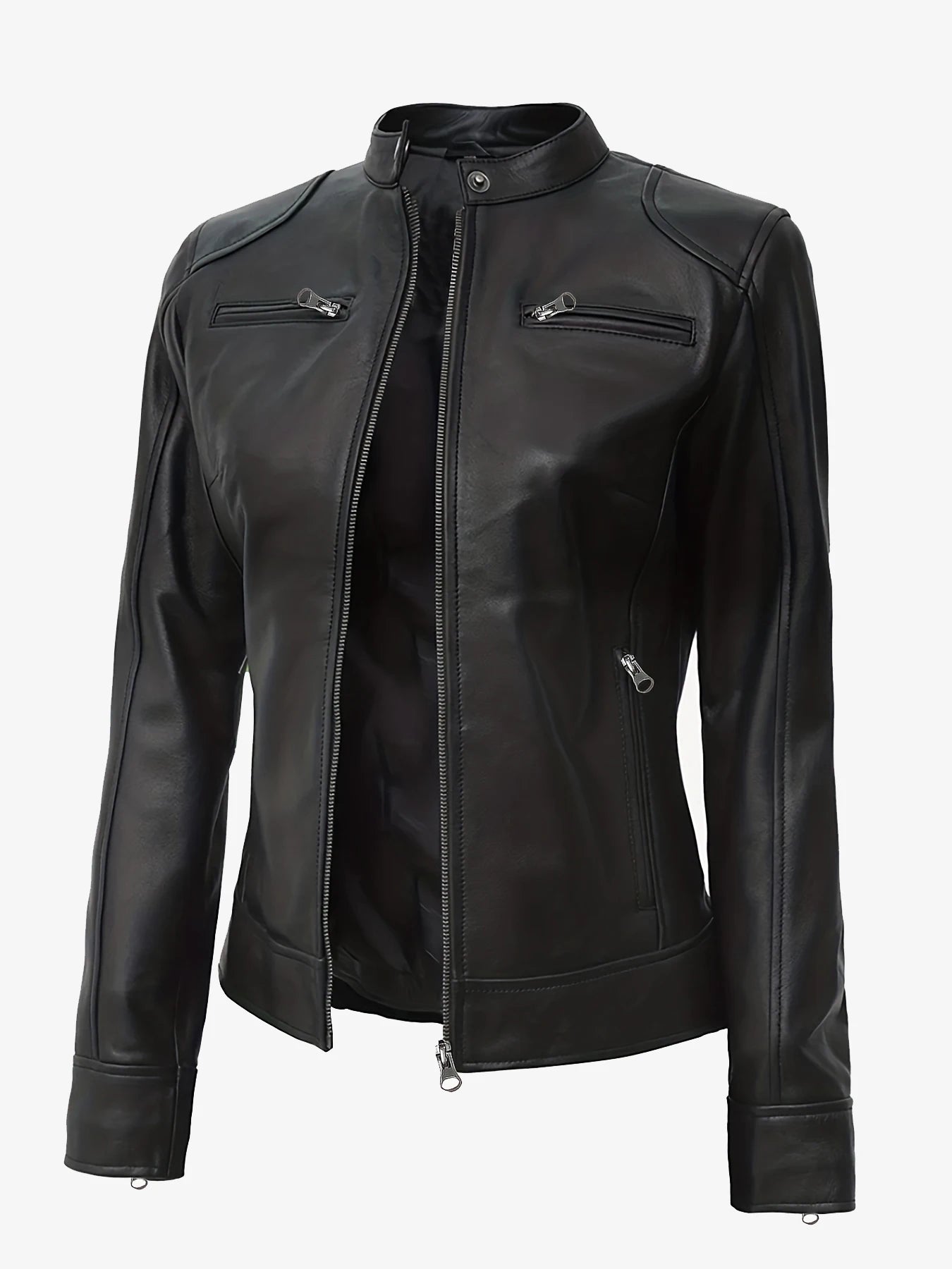 Women's Leather Jacket - Slim Fit A-line Zipper Cycling Jacket, Stand Collar Long Sleeve Casual Cycling Jacket, All-Season PU Le