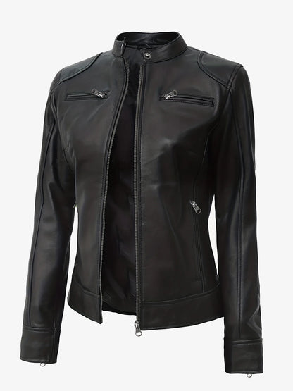 Women's Leather Jacket - Slim Fit A-line Zipper Cycling Jacket, Stand Collar Long Sleeve Casual Cycling Jacket, All-Season PU Le