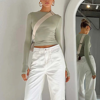 Moda Qadın T-shirt Uzunqol Dəyirmi Yaxa Bütün Rəngli Dar Kəsim Qadın Krop Top Baş Barmaq Deşikli Gündəlik Küçə Geyimi Yay Kamisolu Üçün