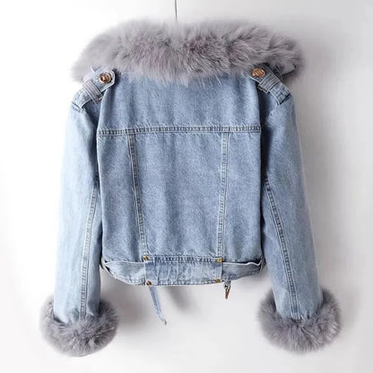 Qadın Qış Cins Jaket Palto, Yun Astarlı, İsti Kovboy Tərzi, Çıxarıla Bilən Süni Tülkü və Dovşan Xəz Astarlı Qısa Dizayn