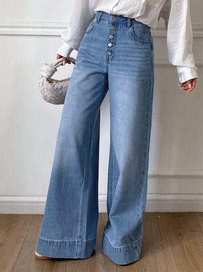 Front-Buttoned High-Waisted Women's Jeans Wide Hem