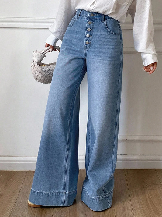Front-Buttoned High-Waisted Women's Jeans Wide Hem
