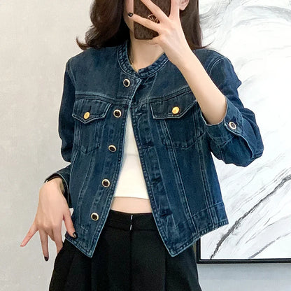 Vintage Women's O-Neck Denim Jacket Y2K