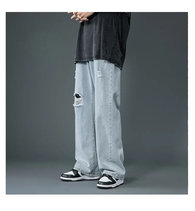 Ripped Jeans Men Ins Trendy - Straight Leg Loose Wide Leg