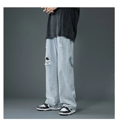 Ripped Jeans Men Ins Trendy - Straight Leg Loose Wide Leg
