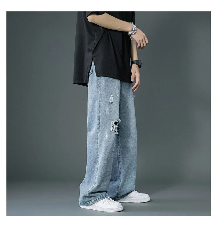 Ripped Jeans Men Ins Trendy - Straight Leg Loose Wide Leg
