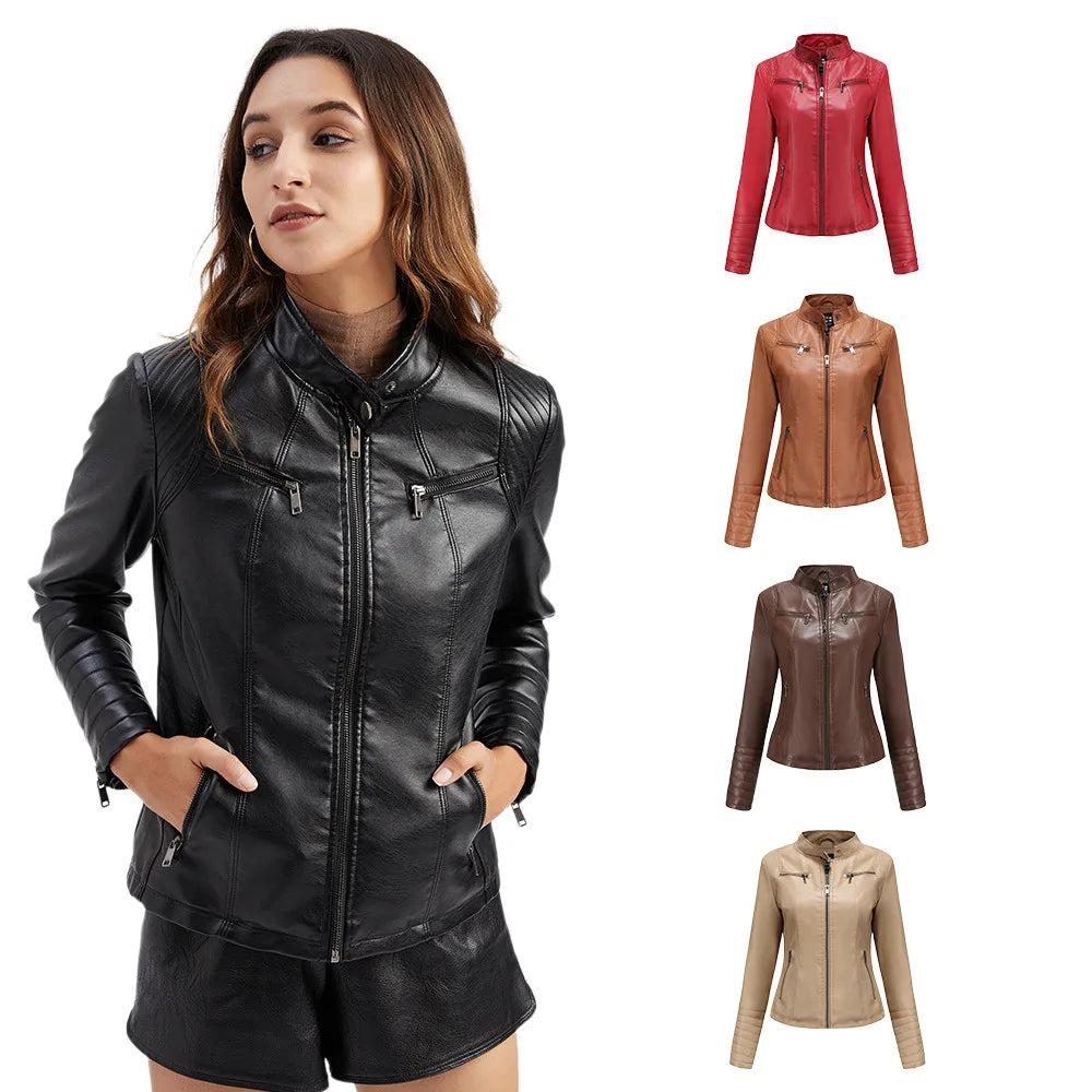 Women's Faux Leather Motorcycle Jacket - Purple & Black Moto Biker Coat