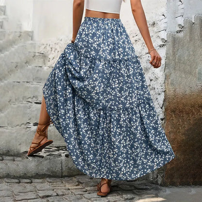Casual Flower Print Long Skirt - High Waist Maxi Skirt
