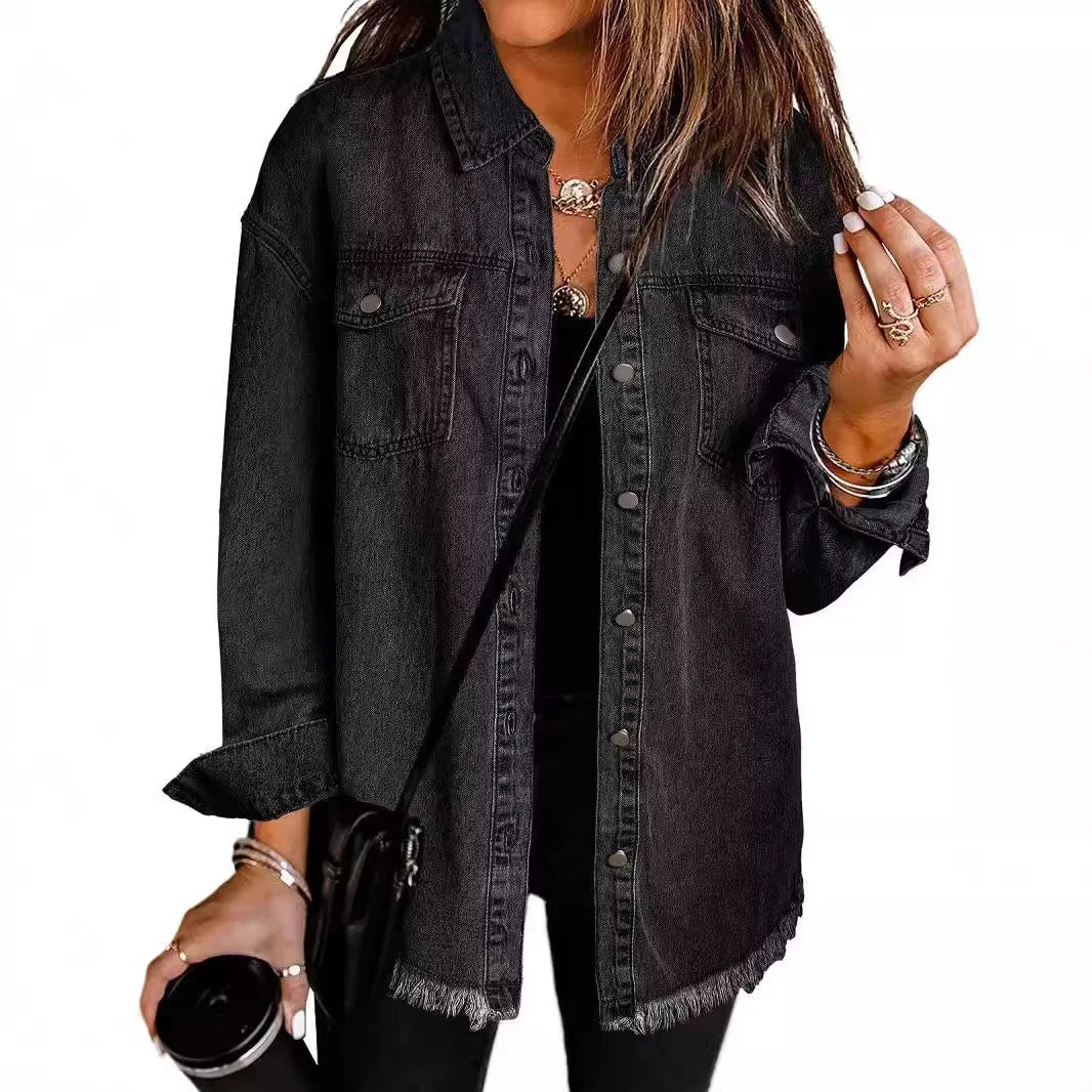 New washed denim shirt jacket for women autumn and winter personality street style edged hem jacket for women